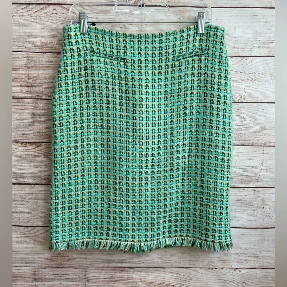 TIBI WOOL BLEND BASKETWEAVE PENCIL SKIRT IN GREEN